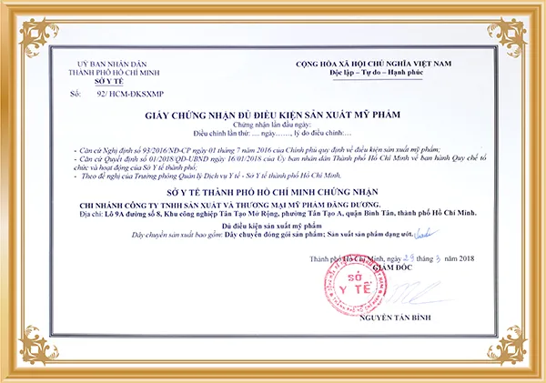 mẫu giấy chứng nhận sản xuất mỹ phẩm
